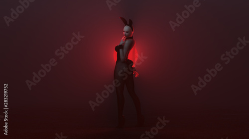 Demon Vampire Bunny Girl in Black with Tights in a Red Foggy Void 3d illustration 3d render 
