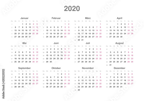 Kalender 2020, Querformat, beginnend mit Montag