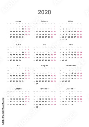 Kalender 2020, Hochformat, beginnend mit Montag