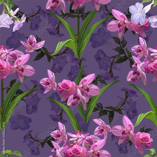 Purple trumpet vine and orchid flower seamless pattern vector illustration