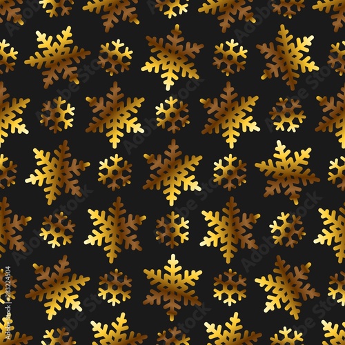Golden snowflakes on black papper seamless pattern texture background