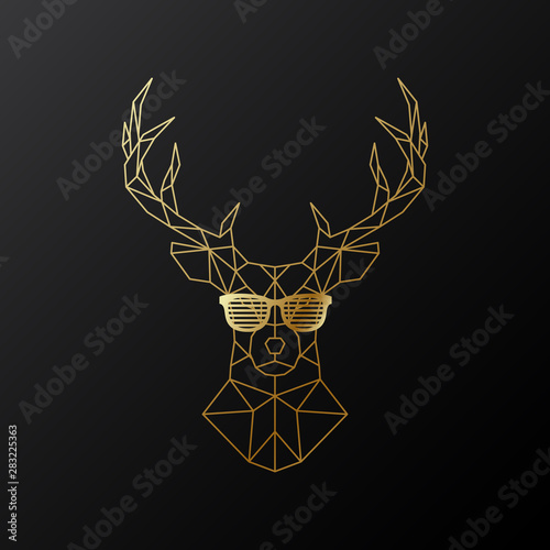 Golden polygonal Deer in glasses. Illustration isolated on black background. Geometric animal emblem. Vector illustration.