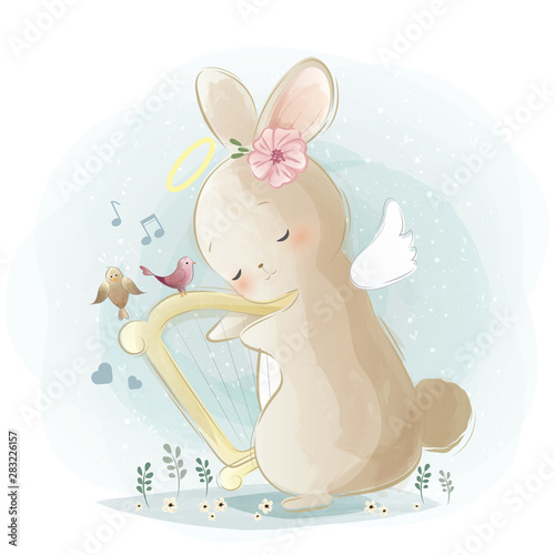 Angelic Bunny Playing a Harp