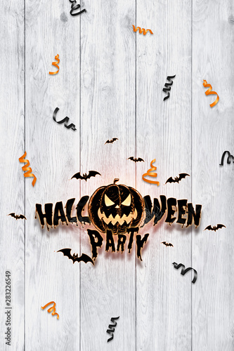 Creative background, inscription Halloween party pumpkin on a light background. Festive background, flyer, October 31, design © Aliaksandr Marko
