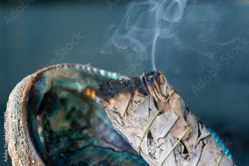 Smudging Ritual using burning thick leafy bundle of White Sage in bright polished Rainbow Abalone Shell on the beach at sunrise in front of the lake. © bjphotographs