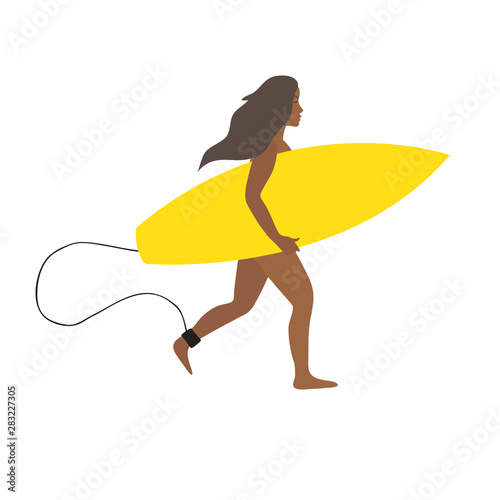 Vector flat cartoon simple young dark african surfer girl woman with surf boad running isolated on white background