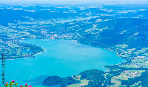 View of Mondsee lake from Schafberg mountain, Austria © beataaldridge