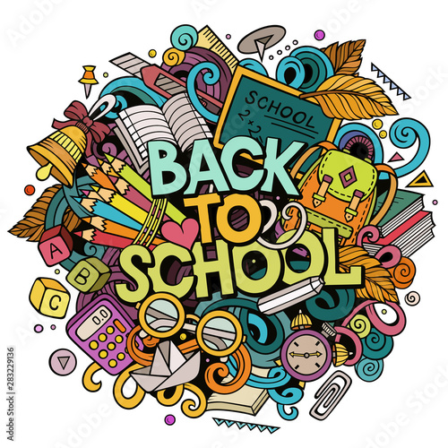 Cartoon cute doodles Back to School phrase. Colorful illustration