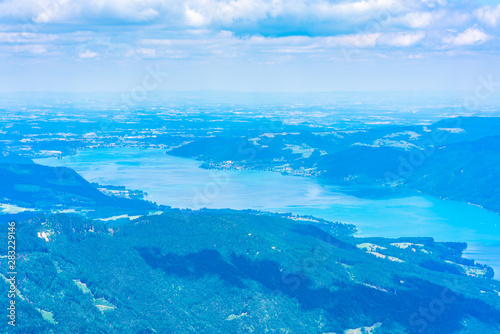 View of landscape of Attersee lake from Schafberg mountain, Austria