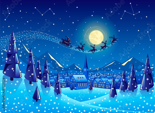 An illustration of Santa Claus flying across a snowy landscape in the Christmas night