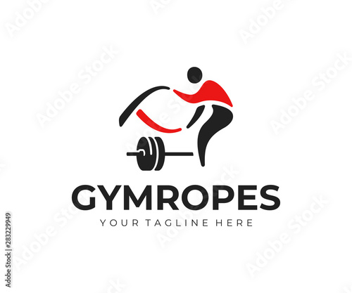 Battle ropes logo design. Fitness exercise with a rope vector design. Kettlebell with athlete workout logotype