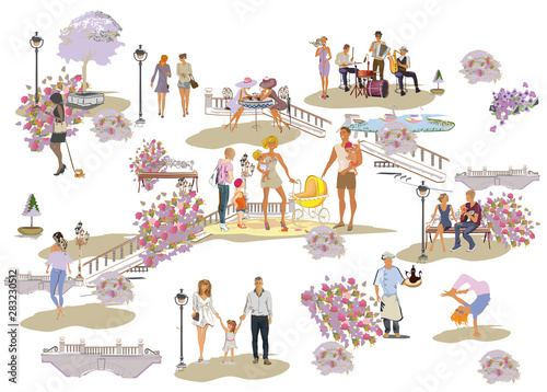 Set of people having rest in the park.  Active leisure outdoor activities. Colorful vector illustration.