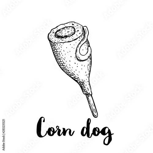 Hand drawn sketch style corn dog half with ketchup, mayonnaise or mustard. Wooden stick. Street fastfood drawing. Vector illustration isolated on white background.