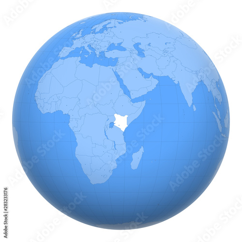 Kenya on the globe. Earth centered at the location of the Republic of Kenya. Map of Kenya. Includes layer with capital cities.