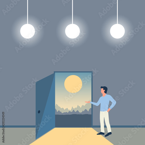 A man points to an open door behind which is a bright sunny mountain landscape. Mentor in a room with chandeliers and the way to achieve goals and a happy life. Flat vector template in cartoon style.