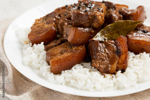 Homemade Filipino Adobo Pork with rice on a white plate, side view. Close-up. photo