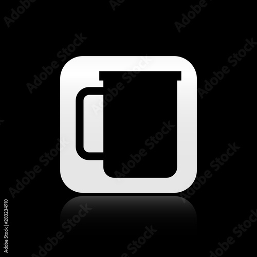 Black Coffee cup flat icon isolated on black background. Tea cup. Hot drink coffee. Silver square button. Vector Illustration