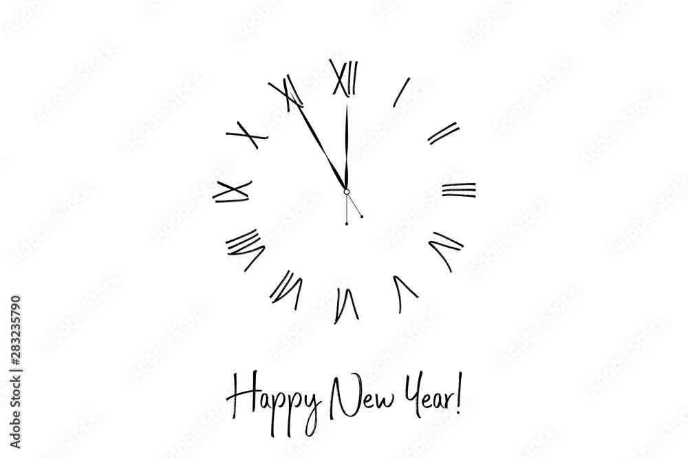 Clock dial Happy new year handwritten text. Clock dial Happy new year handwritten text.