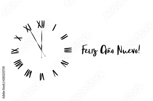 Clock dial Happy new year Spanish handwritten text.