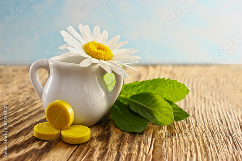 Phytotherapy pills from natural herbs and flowers.  The concept of herbal medicine and dietary supplements  and vitamins.