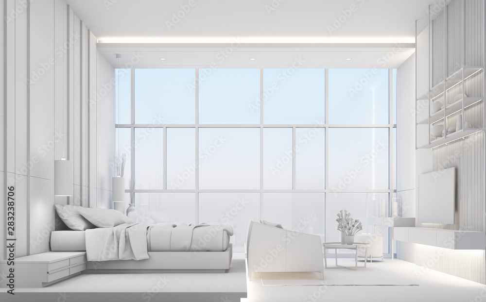 Fototapeta premium Modern luxury bedroom and living area with wooden and marble texture, all white concept. 3d rendering
