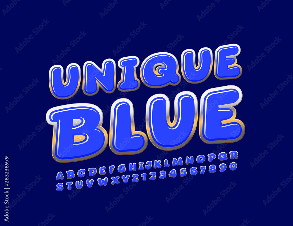 Vector Blue and Gold Uppercase Font. Rotated glossy Alphabet Letters and Numbers.