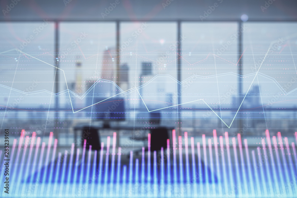 Business theme graph hologram with minimalistic cabinet interior background. Double exposure. Stock market concept.