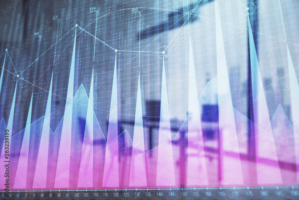 Business theme graph hologram with minimalistic cabinet interior background. Double exposure. Stock market concept. Business theme graph hologram with minimalistic cabinet interior background. Double exposure. Stock market concept.