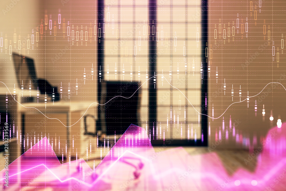 Forex chart hologram with minimalistic cabinet interior background. Double exposure. Stock market concept.