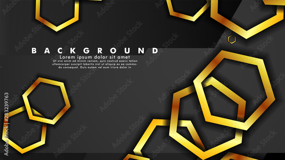 Vector background design that overlaps with hexagon gold color gradients on black space for text and background design Vector background design that overlaps with hexagon gold color gradients on black space for text and background design