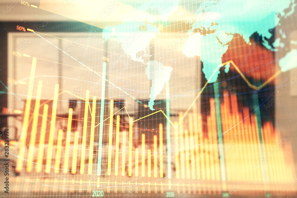 Double exposure of stock market graph with globe hologram on conference room background. Concept of international finance Double exposure of stock market graph with globe hologram on conference room background. Concept of international finance