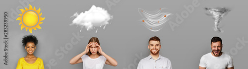 Four different weather conditions with human mood on gray photo