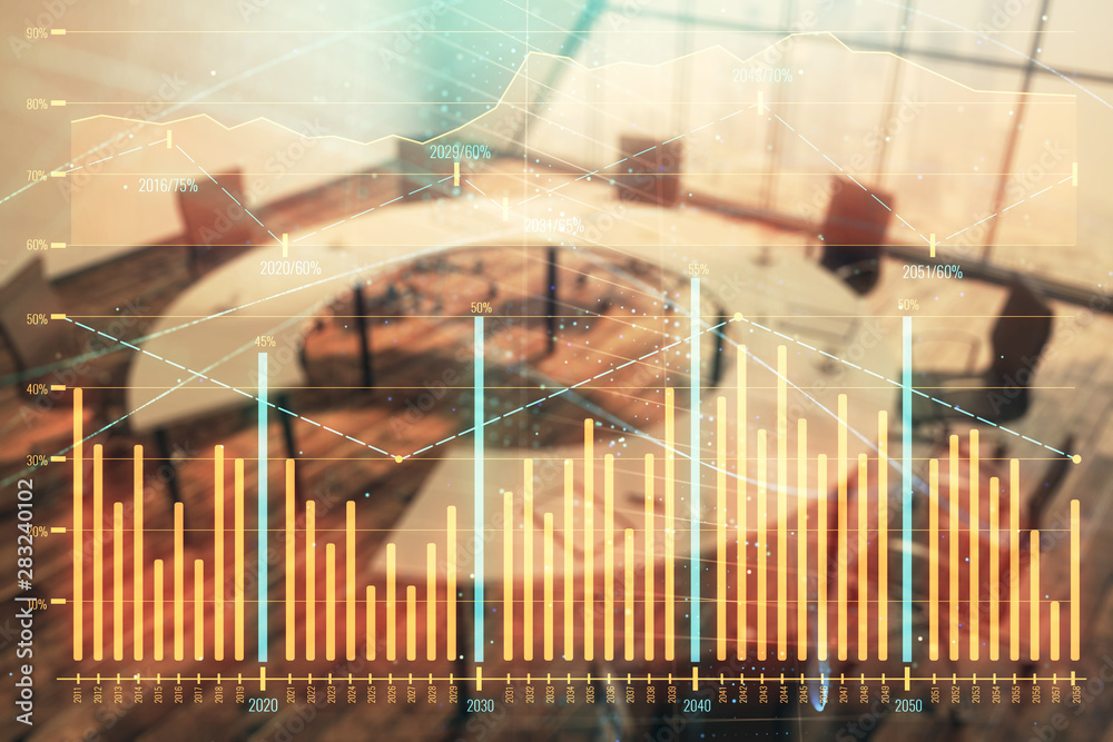 Double exposure of forex chart on conference room background. Concept of stock market analysis Double exposure of forex chart on conference room background. Concept of stock market analysis