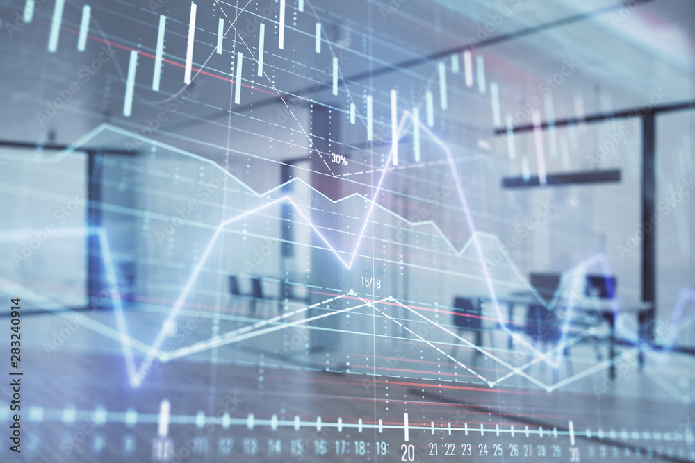 Stock and bond market graph with trading desk bank office interior on background. Multi exposure. Concept of financial analysis Stock and bond market graph with trading desk bank office interior on background. Multi exposure. Concept of financial analysis