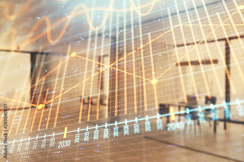 Stock and bond market graph with trading desk bank office interior on background. Multi exposure. Concept of financial analysis