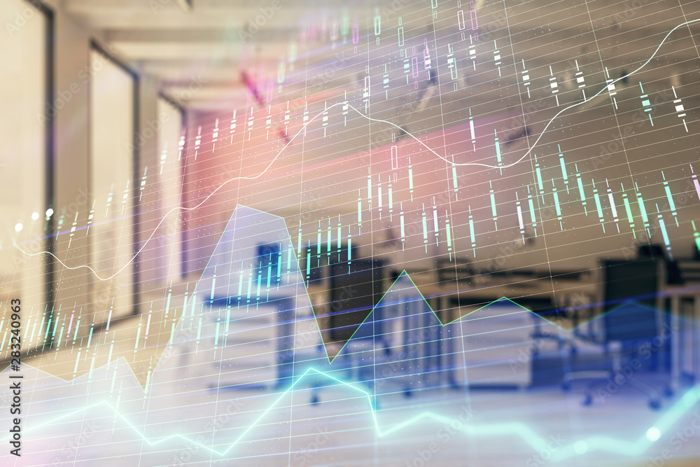 Stock market chart with trading desk bank office interior on background. Double exposure. Concept of financial analysis