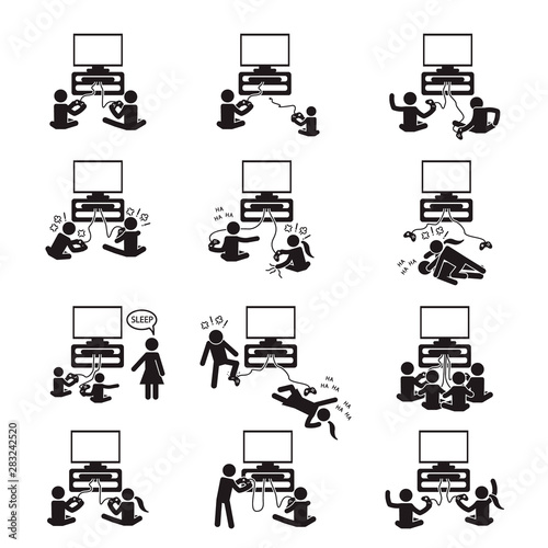 People playing games and gaming icon set. Vector.