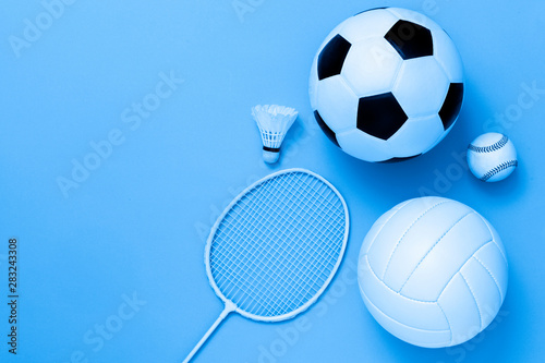 Assorted sports equipment including a soccer ball, volleyball, baseball, badminton racket. Blue filter