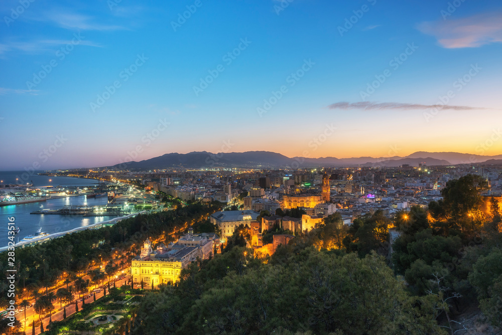 Night view of the Malaga from the Alcazaba, Andalusia, Spain
