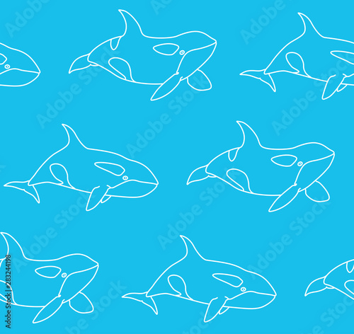 Vector seamless pattern of killer whale in outline style. Line art orca on blue background