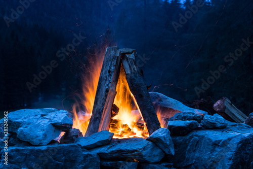 Camping bonfire with yellow and red flames in summer, forest. Copy space. photo