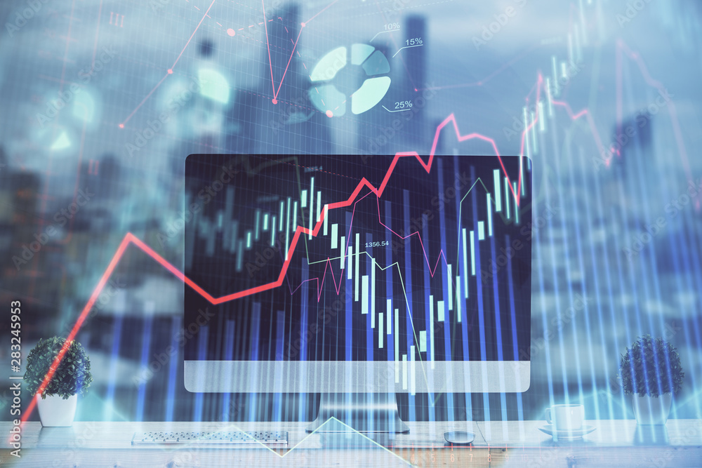 Stock market graph on background with desk and personal computer. Multi exposure. Concept of financial analysis. Stock market graph on background with desk and personal computer. Multi exposure. Concept of financial analysis.