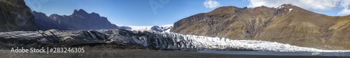 Amazing view of Skaftafellsjokull glacier tongue and volcanic mountains around