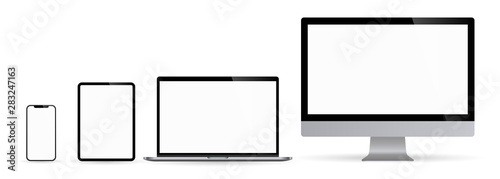 Realistic set of computer monitors desktop laptop tablet and phone illustration vector illustrator Ai EPS