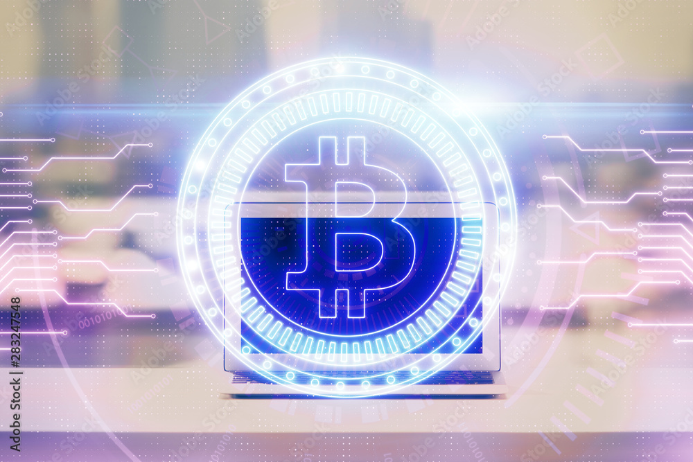 Double exposure of blockchain and crypto economy theme hologram and table with computer background. Concept of bitcoin cryptocurrency. Double exposure of blockchain and crypto economy theme hologram and table with computer background. Concept of bitcoin cryptocurrency.