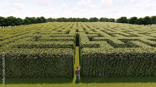 Man walking into big labyrinth 3D rendering photo