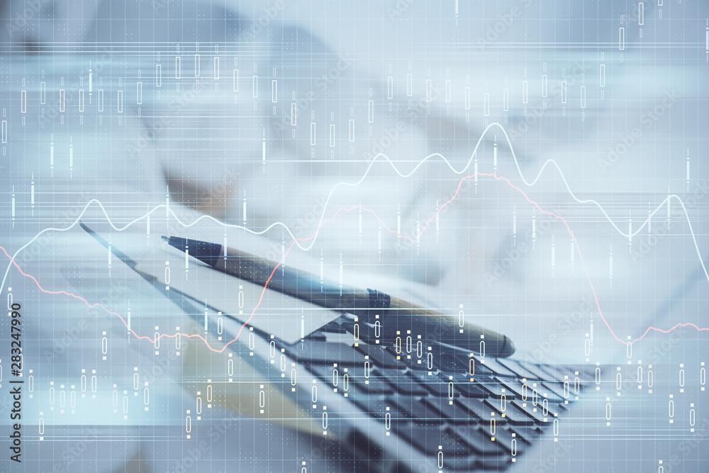 Stock market graph and table with computer background. Double exposure. Concept of financial analysis. Stock market graph and table with computer background. Double exposure. Concept of financial analysis.