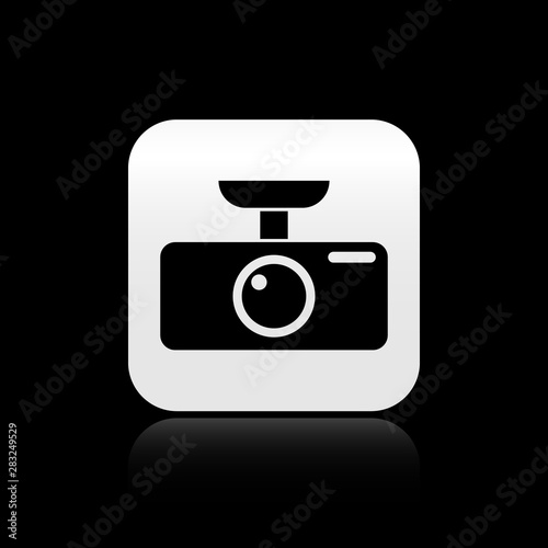 Black Car DVR icon isolated on black background. Car digital video recorder icon. Silver square button. Vector Illustration