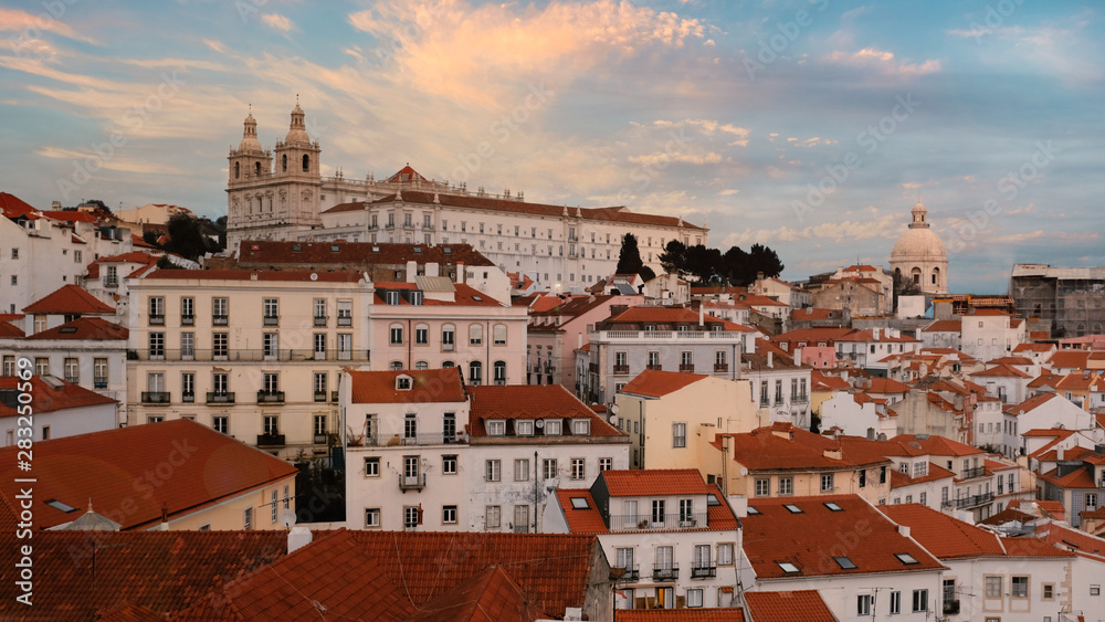 Evening panorama of the City of Lisbon in Portugal, top view at sunset