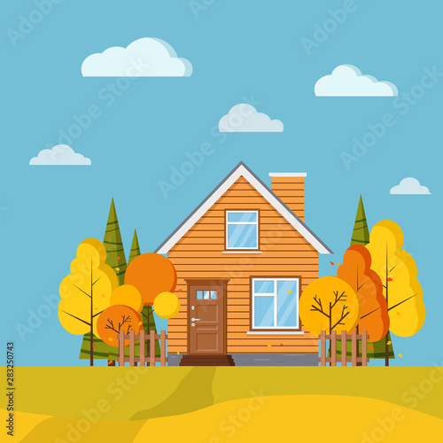 Autumn scenic field landscape background with yellow and orange trees, spruces, fences, rural cartoon house with chimney